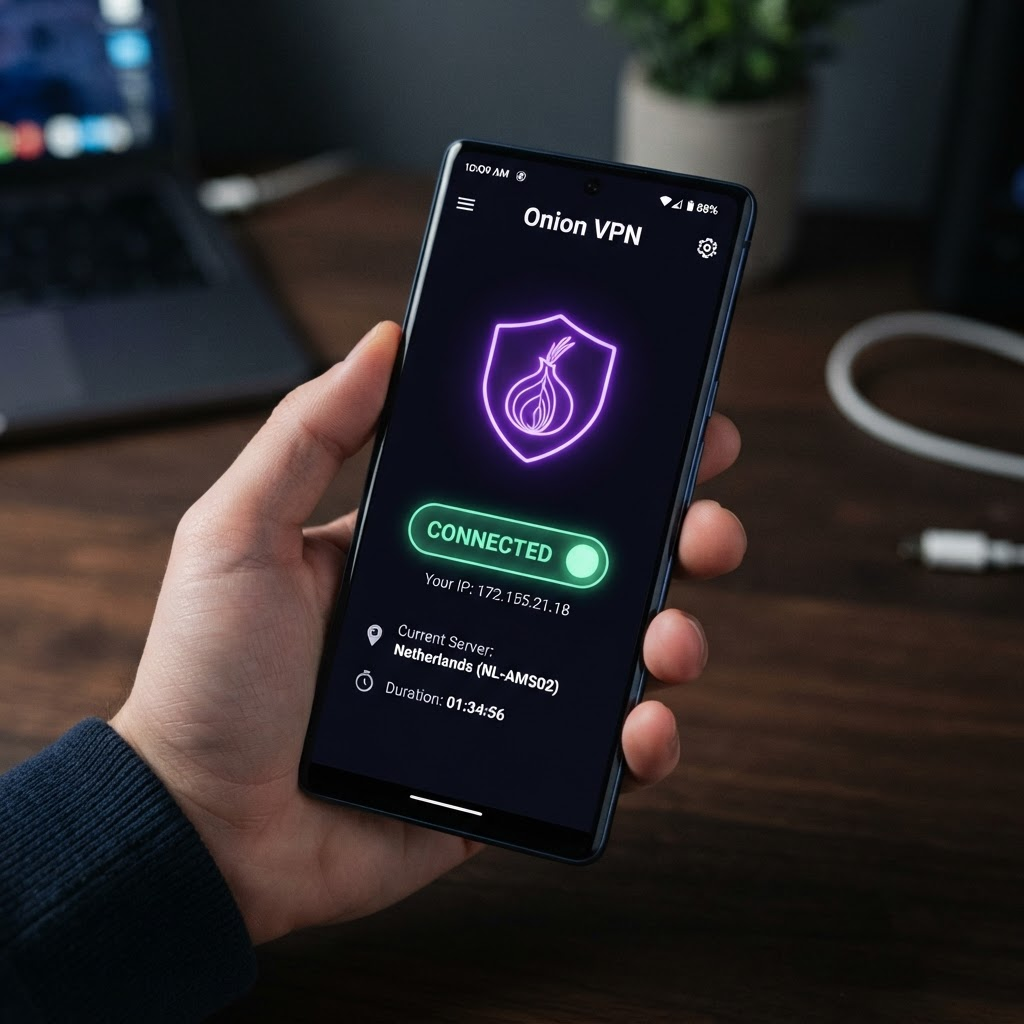 Onion VPN Android app showing connected status and anonymous browsing on a mobile phone