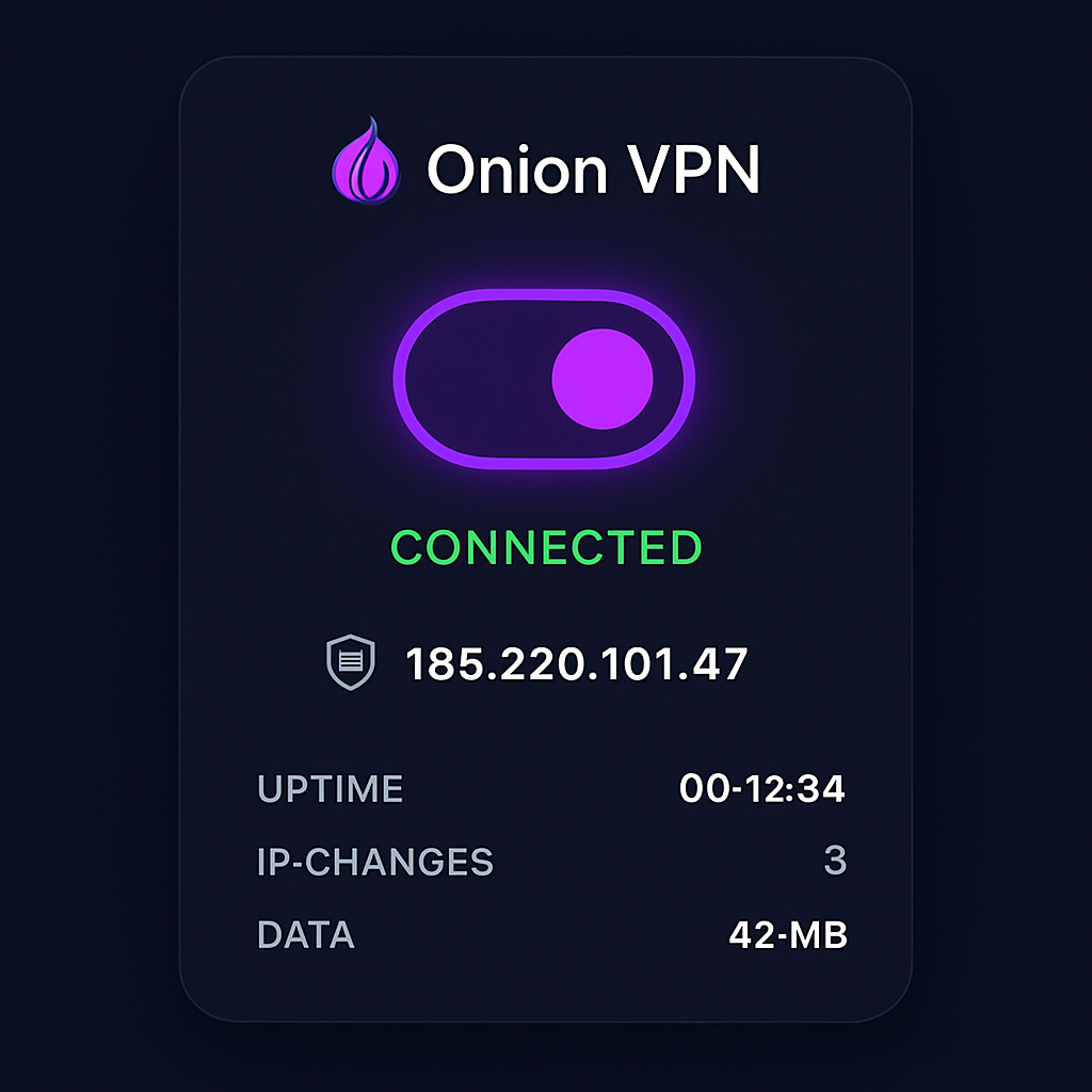Onion VPN Chrome extension popup showing connected status with masked IP address and session statistics